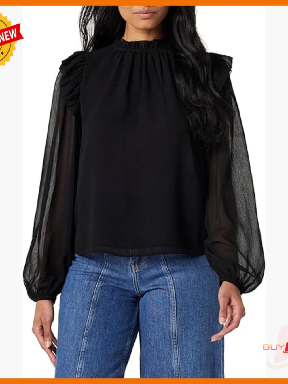 Long Sleeve Blouse With Ruffle Shoulder, Airy Chiffon Fabric, Regular Fit